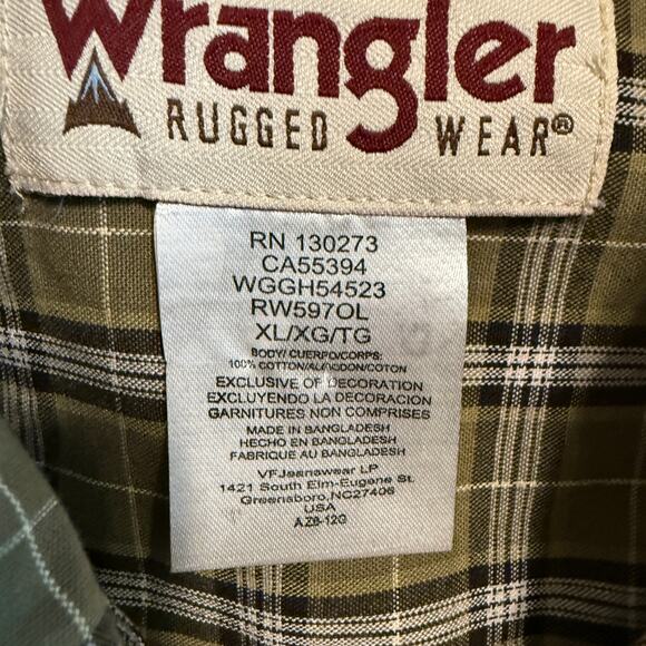 Men's Wrangler Rugged Wear Green Plaid Button Front Long Sleeve Shirt Size XL - Picture 4 of 7